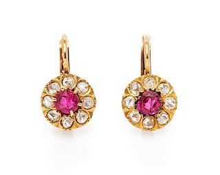 A Pair of Antique Yellow Gold, Ruby and Diamond Earrings, 1.50 dwts.