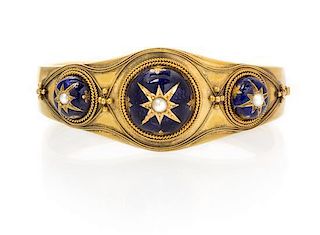 A Yellow Gold, Enamel and Pearl Bangle Bracelet, 13.80 dwts.