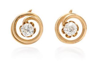 A Pair of Antique Gold and Diamond Stud Earrings, 1.60 dwts.