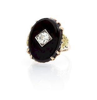 A Yellow Gold, Onyx, and Diamond Ring, 4.10 dwts.