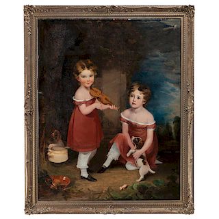 English School, Portrait of Two Children with Violin and Puppies