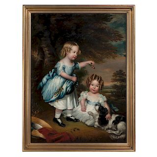 English School, Portrait of Young Girls Playing with their King Charles Spaniel