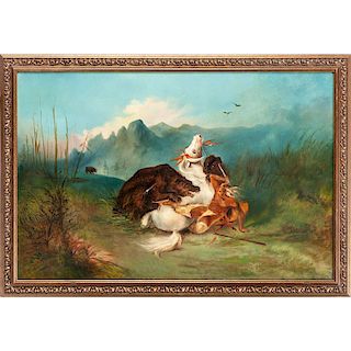 Painting of a Bear Attacking an Indian, After Felix O. C. Darley, Signed Breitkopf