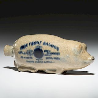Monmouth Pottery-Attributed Stoneware Pig Flask with Saloon Advertising