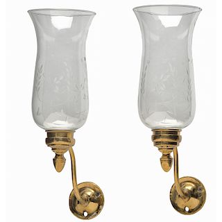 Brass and Etched Glass Wall Sconces