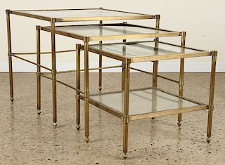LARGE SET OF THREE BRASS GLASS NESTING TABLES