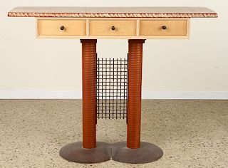 STUDIO MADE IRON & WOOD CONSOLE TABLE SIGNED 1993