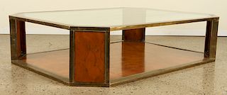 GLASS TOP BURL WOOD AND BRASS COFFEE TABLE C.1970