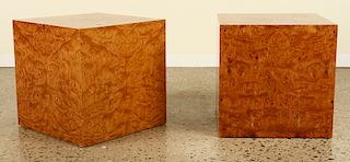 PAIR FRENCH BURL WALNUT CUBE FORM END TABLES 1975