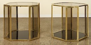 PAIR FRENCH OCTAGONAL BRASS GLASS SIDE TABLES