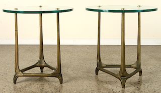 RARE PAIR BRONZE GLASS TRIANGLE SIDE TABLES C1930