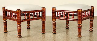 PAIR MOROCCAN PAINTED UPHOLSTERED STOOLS