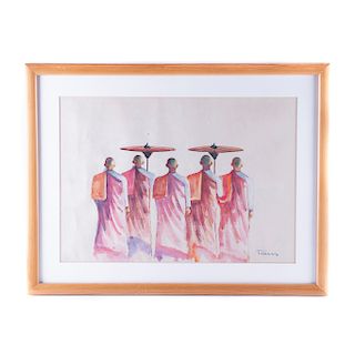 Monjes budistas. Siglo XX. Acuarela sobre papel algodón. Firmado "Than Aung.". Enmarcado.