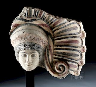 Superb Large Etruscan Polychrome Antefix of Woman w/ TL