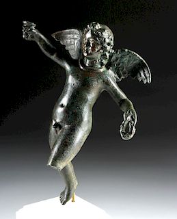 Large Roman Bronze Cupid in Motion Holding Wreath & Cup
