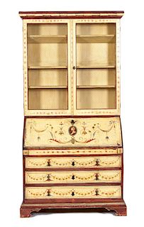 A Venetian Style Painted Secretary Desk Height 90 1/2 x width 47 x depth 20 1/2 inches.