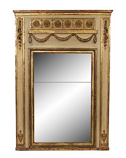 A Continental Neoclassical Carved, Painted and Parcel Gilt Overmantle Mirror Height 74 3/4 x width 52 1/2 inches.