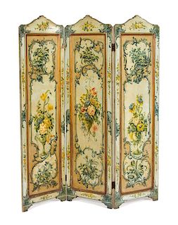 A Continental Painted Three-Panel Floor Screen Height 67 x width of each panel 18 inches.