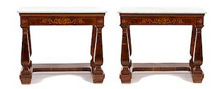 A Pair of Neoclassical Marquetry Satinwood Marble Top Pier Tables Height 38 1/2 x width 44 1/2 x depth 21 1/2 inches.