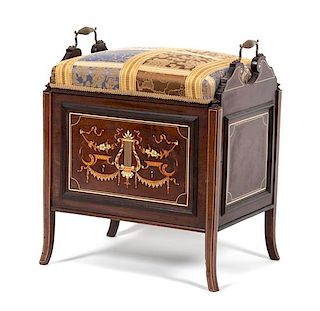 A Continental Marquetry Inlaid Rosewood Music Bench Height 23 x width 18 3/4 x depth 14 1/2 inches.