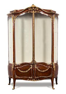 A Louis XV Style Gilt Bronze Mounted Parquetry Vitrine Cabinet Height 90 x width 57 1/2 x depth 21 inches.