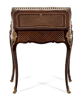 A Louis XV Style Brass Mounted and Inlaid Bureau de Dame Height 35 1/2 x width 29 1/2 x depth 17 1/2 inches.