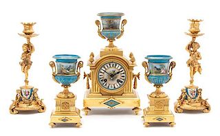 A French Gilt Bronze and Sevres Style Porcelain Clock Garniture  Achilles Brocot