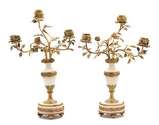 A Pair of French Gilt Bronze and Marble Two-Light Candelabra Height 17 x width 10 x depth 6 inches.