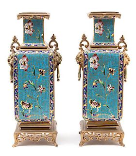 A Pair of French Japonisme Champleve Enamel and Gilt Bronze Vases Height 12 1/2 inches.