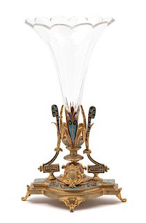 A Napoleon III Champleve Enameled Gilt Bronze and Glass Centerpiece Height 11 1/8 x diameter 5 1/4 inches.