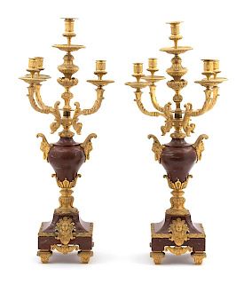 A Pair of Louis XVI Style Gilt Bronze Mounted Rouge Marble Five-Light Candelabra Height 31 inches.