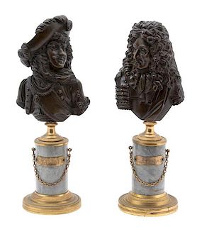 A Pair of Grand Tour Bronze Busts on Gilt Metal Mounted Grey Marble Pedestal Bases Height 11 inches.