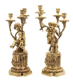 A Pair of Louis XVI Style Gilt Bronze Candelabra Height 21 x width 9 x depth 11 inches.
