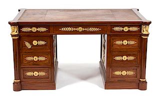 An French Empire Style Gilt Bronze Mounted Mahogany Pedestal Desk Height 28 x width 56 x depth 32 inches.