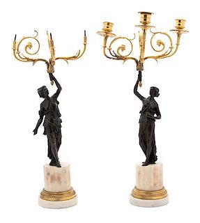 A Pair of Neoclassical Style Patinated and Gilt Bronze Three-Light Candelabra Height 19 1/2 x width 8 x depth 7 inches.