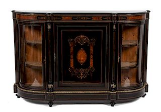 A Napoleon III Gilt Bronze Mounted Marquetry Ebonized Cabinet Height 43 1/2 x width 65 x depth 17 1/2 inches.