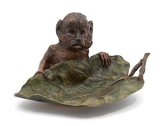 An Austrian Cold Painted Bronze Inkwell Height 4 x width 7 1/2 x depth 5 1/4 inches.