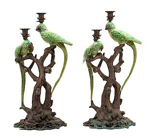 A Pair of Continental Bronze and Enamel Two-Light Candelabras Height 24 inches.