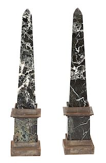 A Pair of Continental Black and White Variegated Marble and Gilt Bronze Obelisks Height 29 1/2 inches.