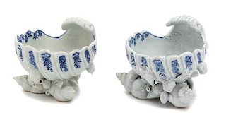 A Pair of English Porcelain Scalloped Salts Height 3 1/2 inches.