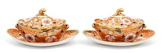 A Pair of English Porcelain Tureens with Undertrays Length 9 1/4 inches.