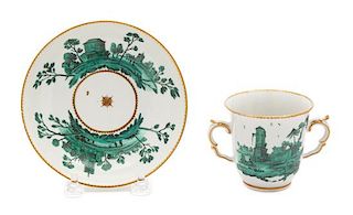 A Chelsea Porcelain Two-Handle Cup and Saucer Diameter of saucer 5 inches.