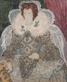An English Embroidered, Jeweled and Applique Portrait of Queen Elizabeth I Height 39 x width 32 inches.