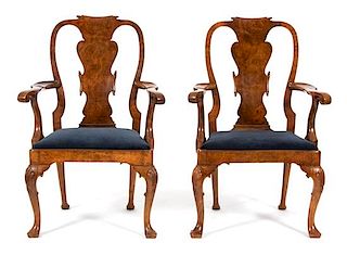 A Pair of George II Style Burl Walnut Open Armchairs Height 40 1/2 x width 27 1/4 x depth 20 inches.