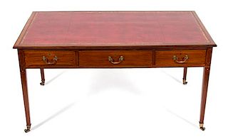A George III Style Inlaid Mahogany Writing Desk Height 32 x width 58 x depth 33 1/2 inches.