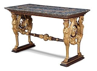 A Regency Carved Mahogany and Parcel Gilt Center Table with Italian Marble Specimen Top Height 35 1/2 x width 57 3/4 x depth 27