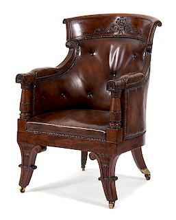 A Regency Mahogany Grecian Library Chair Height 40 1/2 x width 25 1/2 x depth 26 inches.