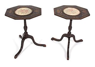 A Pair of Regency Ebonized and Gilt Pole Screens Converted to Tilt-top Tables Height 21 1/4 x width 16 1/2 x depth 12 7/8 inches
