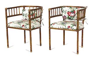 A Pair of Regency Style Carved and Painted Open Armchairs Height 30 inches.