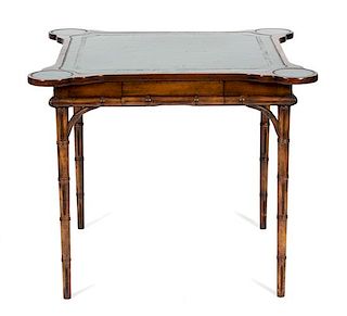 A Victorian Bamboo Carved Mahogany Game Table and Four Matching Side Chairs Table, height 28 1/2 x 34 inches square.